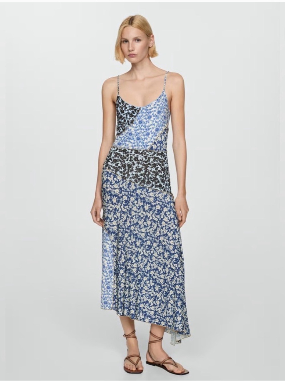 Mango Blue Patchwork Floral Spaghetti-Strap Midi Dress